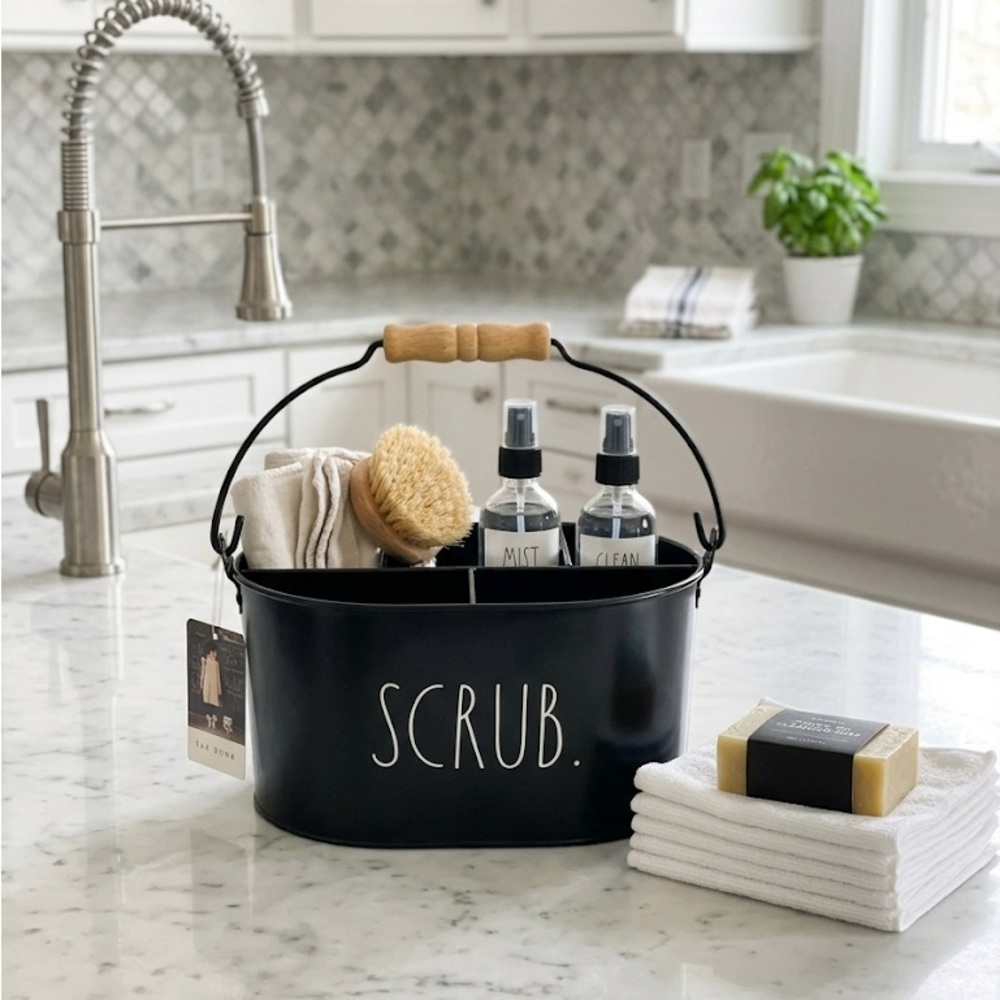 Rae Dunn Black 'SCRUB' Metal Organizer Storage Caddy with Wooden Handle Basket
